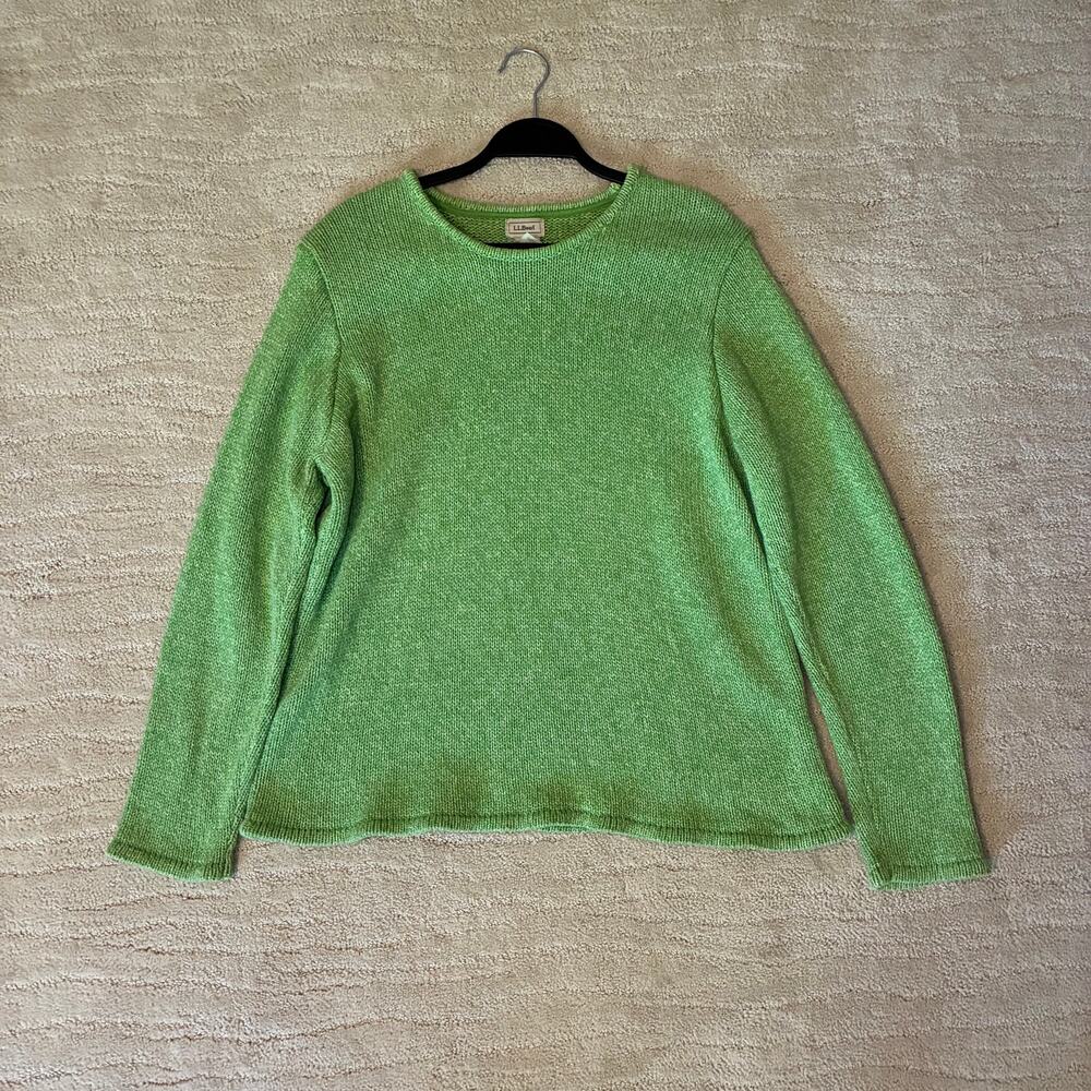 Vintage L.L. Bean Women XL Cotton Chartreuse Knit Fisherman Y2K Sweater Preppy